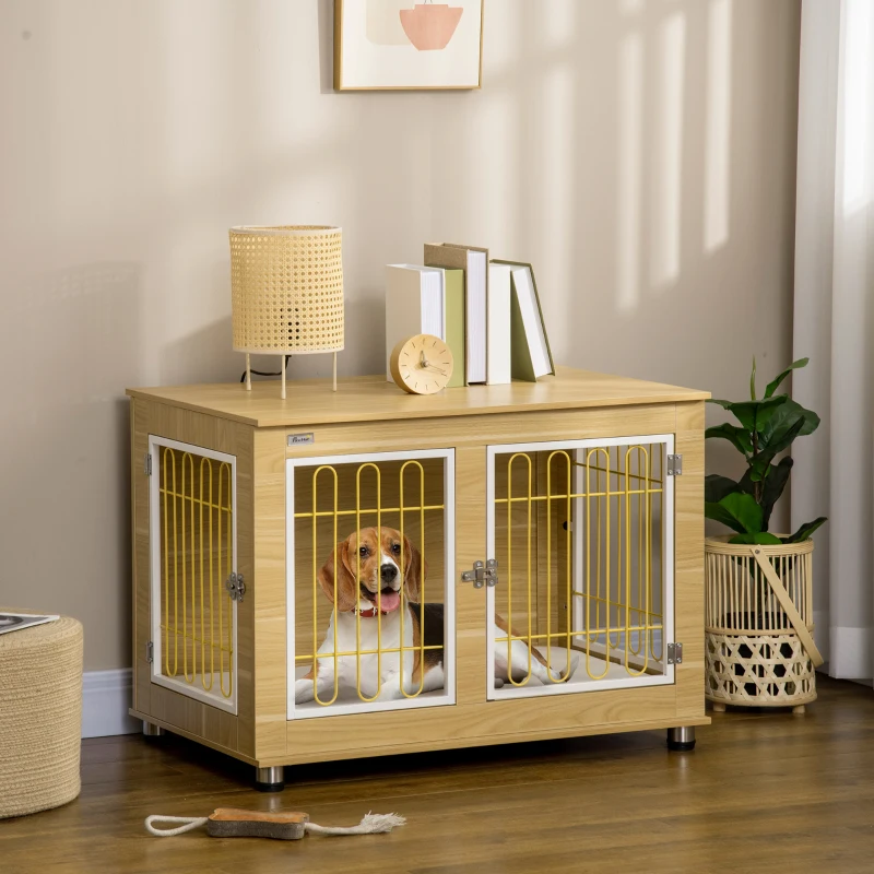 PawHut Dog Crate Side End Table Indoor with Soft Cushion, Double Doors, for Medium Large Dogs