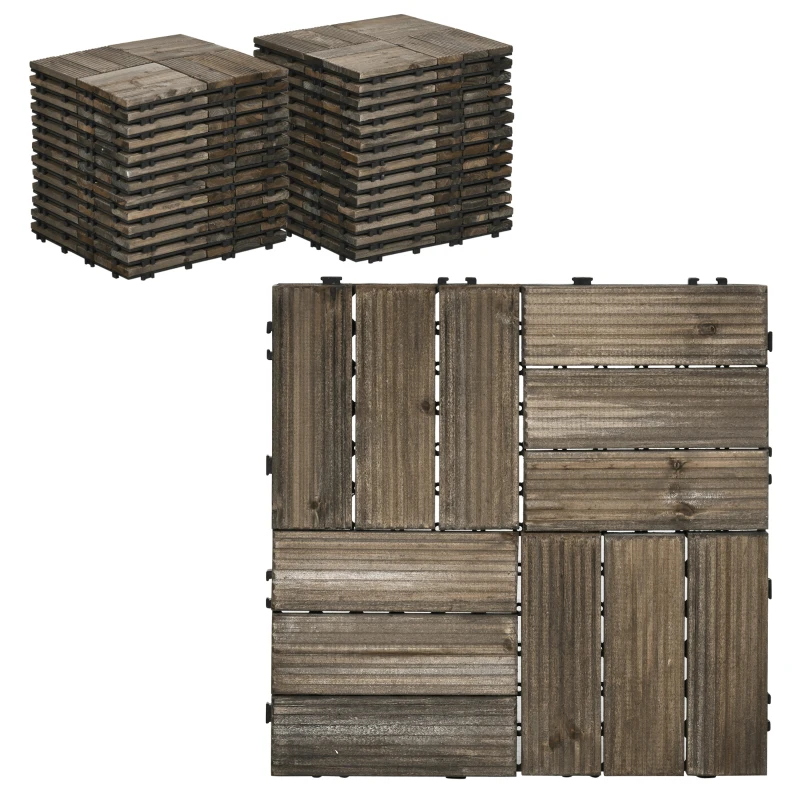 Outsunny 27 Pcs Wood Interlocking Deck Tiles, 12 x 12in Outdoor Flooring Tiles for Indoor and Outdoor Use, Tools Free Assembly, Charcoal Grey