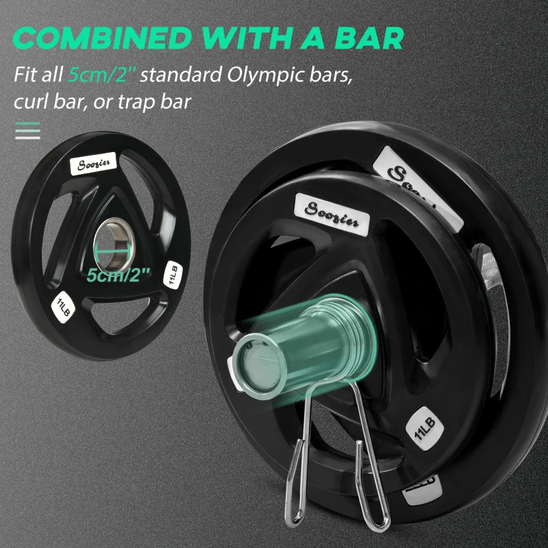 Soozier Olympic Weight Plates, Tri-Grip Free Weights Rubber Coated with 2'' Holes for Strength Training, 2 x 11lbs + 2 x 22lbs