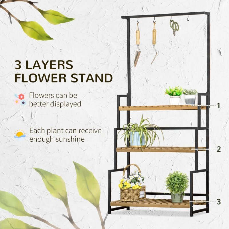 Outsunny 3 Tiered Plant Stand with Hanging Hooks, Flower Pot Holder for Indoor Outdoor Porch Balcony Living Room Bedroom