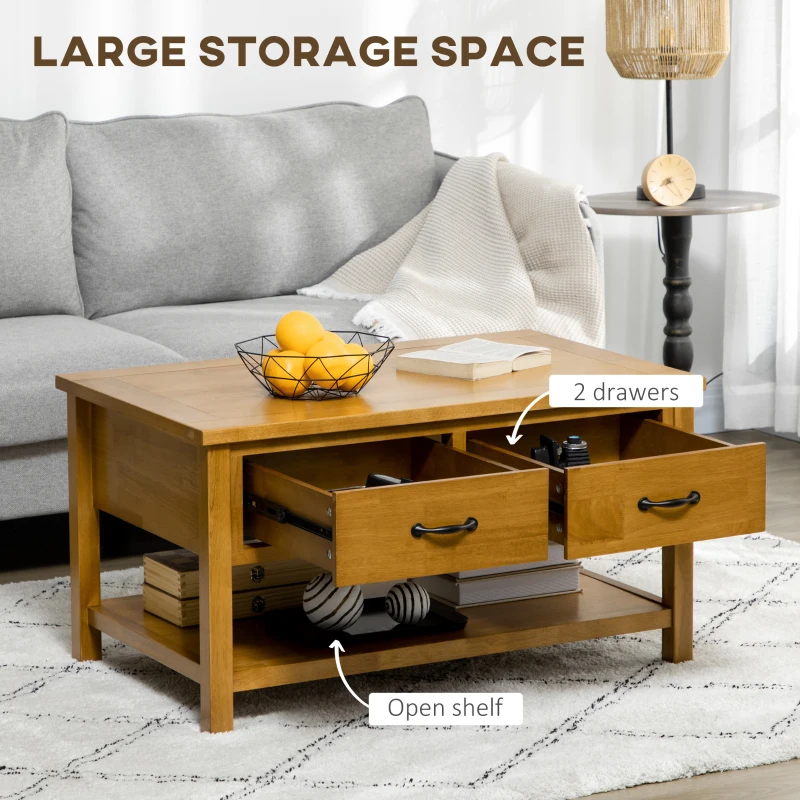 HOMCOM Rustic Coffee Table with Drawers, 2 Tier Wooden Coffee Table Living Room Furniture, Cocktail Table with Storage