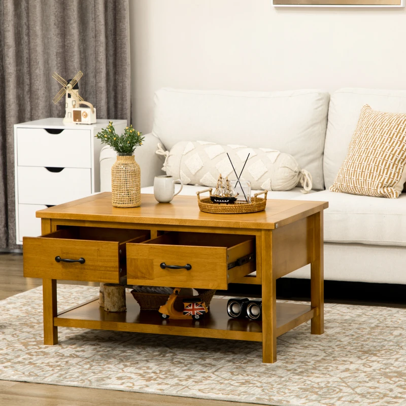 HOMCOM Rustic Coffee Table with Drawers, 2 Tier Wooden Coffee Table Living Room Furniture, Cocktail Table with Storage