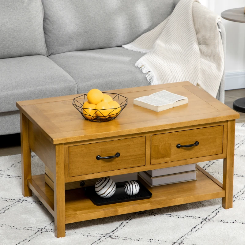 HOMCOM Rustic Coffee Table with Drawers, 2 Tier Wooden Coffee Table Living Room Furniture, Cocktail Table with Storage