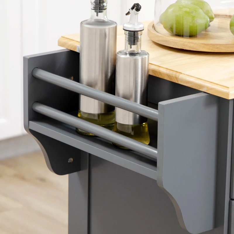 HOMCOM Triple-Cabinet Kitchen Island on Wheels, Kitchen Storage Cabinet with Drawers, Rolling Utility Cart Dark Gray