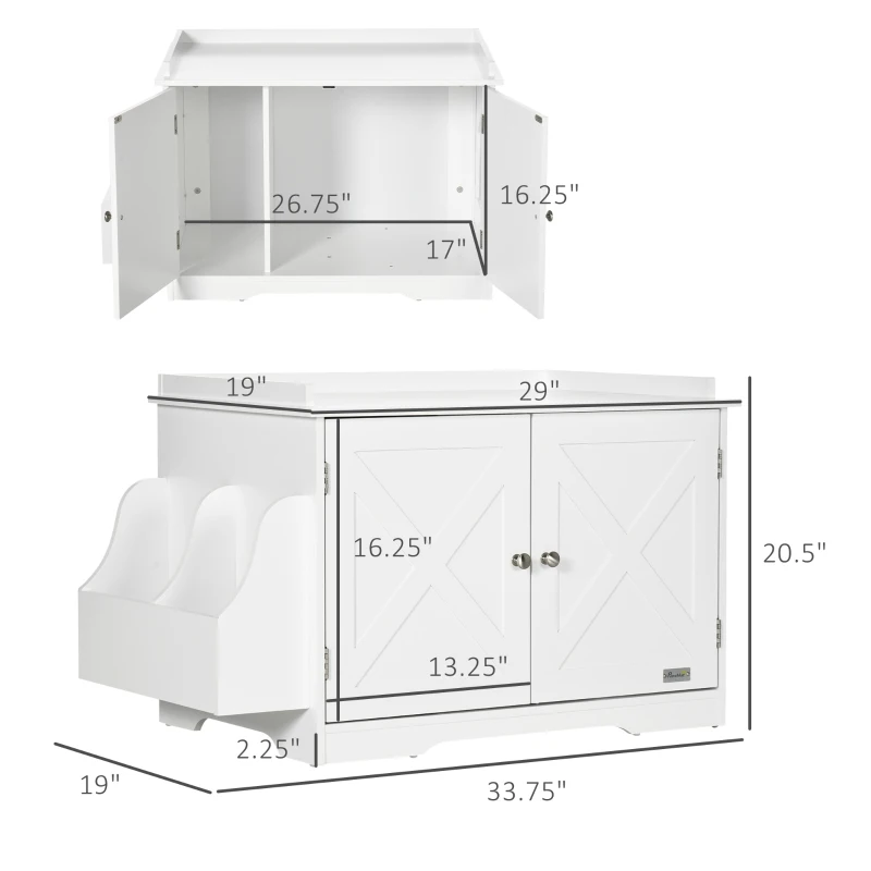 PawHut Wide & Large Cat Litter Box Furniture Hidden Farmhouse Table with Magnetic Doors, Big Covered Kitty Litter Box Enclosure Cabinet with Shelves, Pet Furniture Cat Gift Side Table, White