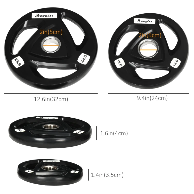 Soozier Olympic Weight Plates, Tri-Grip Free Weights Rubber Coated with 2'' Holes for Strength Training, 2 x 11lbs + 2 x 22lbs