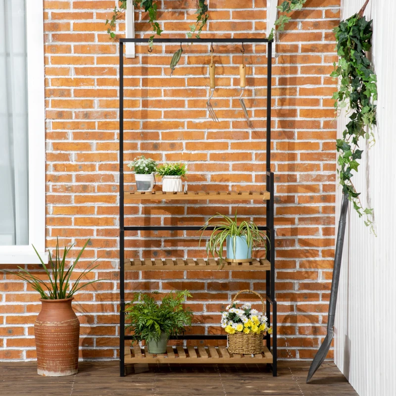Outsunny 3 Tiered Plant Stand with Hanging Hooks, Flower Pot Holder for Indoor Outdoor Porch Balcony Living Room Bedroom