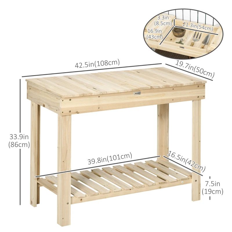 Outsunny Outdoor Potting Bench Wood Potting Table with Hidden Storage Box & Lower Shelf for Garden, Yard, Greenhouse