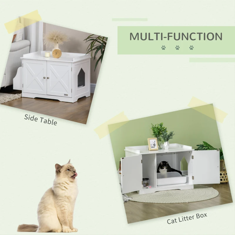 PawHut Wide & Large Cat Litter Box Furniture Hidden Farmhouse Table with Magnetic Doors, Big Covered Kitty Litter Box Enclosure Cabinet with Shelves, Pet Furniture Cat Gift Side Table, White