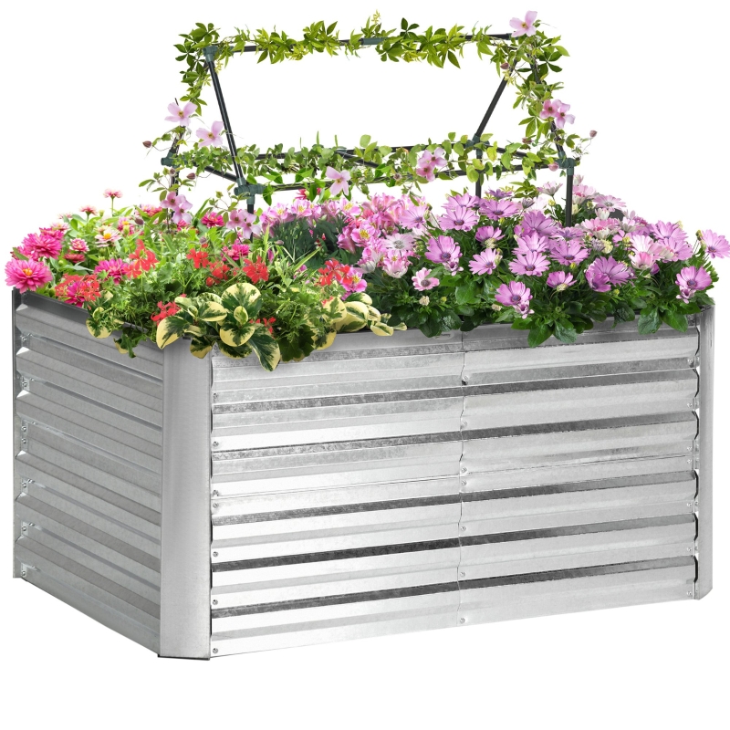 Outsunny 4' x 3' x 2' Raised Garden Bed with Support Rod, Steel Frame Elevated Planter Box, Silver
