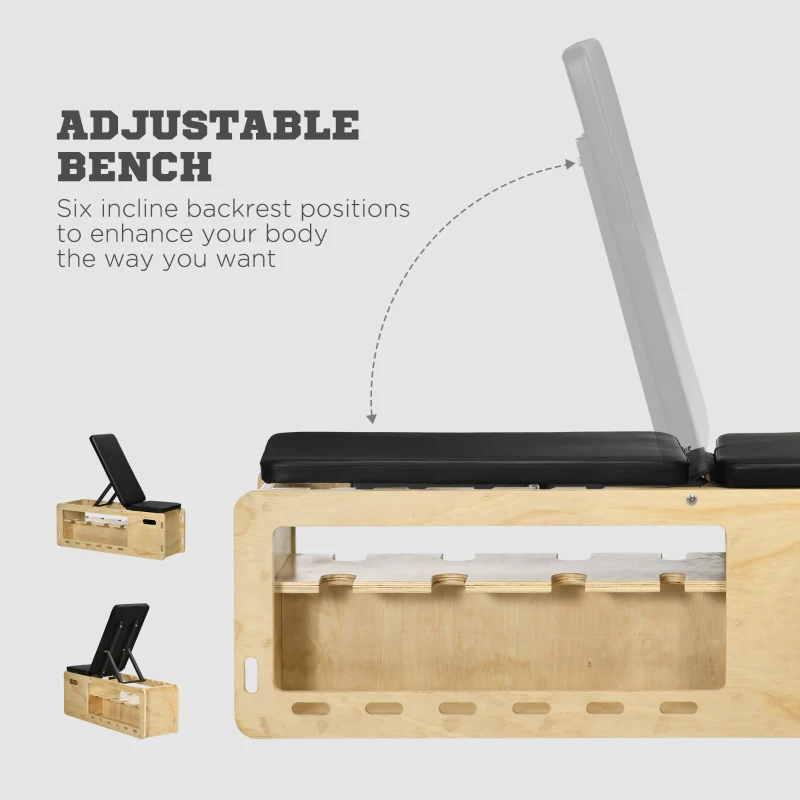 Soozier Wooden Workout Bench with Dumbbell Rack and Resistance Bands, Adjustable Incline Weight Bench for Home Gym(m-5)