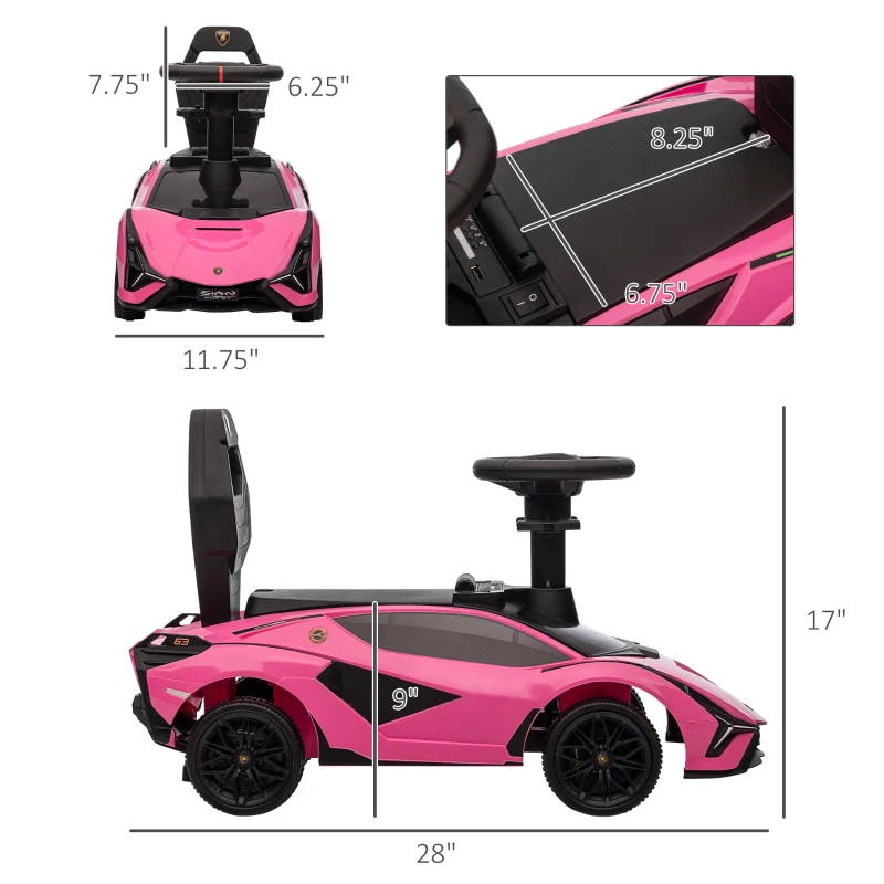 Aosom Licensed Lamborghini SIAN FKP 37 Kids Ride on Push Car, Ride Racer, Foot-to-floor Sliding Car with Music, Headlights, Under Seat Storage, for 18-48 Months, Pink