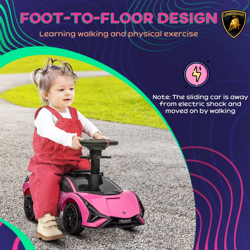 Aosom Licensed Lamborghini SIAN FKP 37 Kids Ride on Push Car, Ride Racer, Foot-to-floor Sliding Car with Music, Headlights, Under Seat Storage, for 18-48 Months, Pink