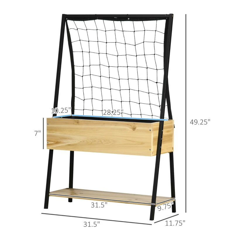 Outsunny Raised Garden Bed with Trellis & Storage Shelf, Elevated Planter Box with Metal Legs, Bed Liner and Drainage Holes, for Vegetable Vines, Climbing Plants, Flowers, Natural