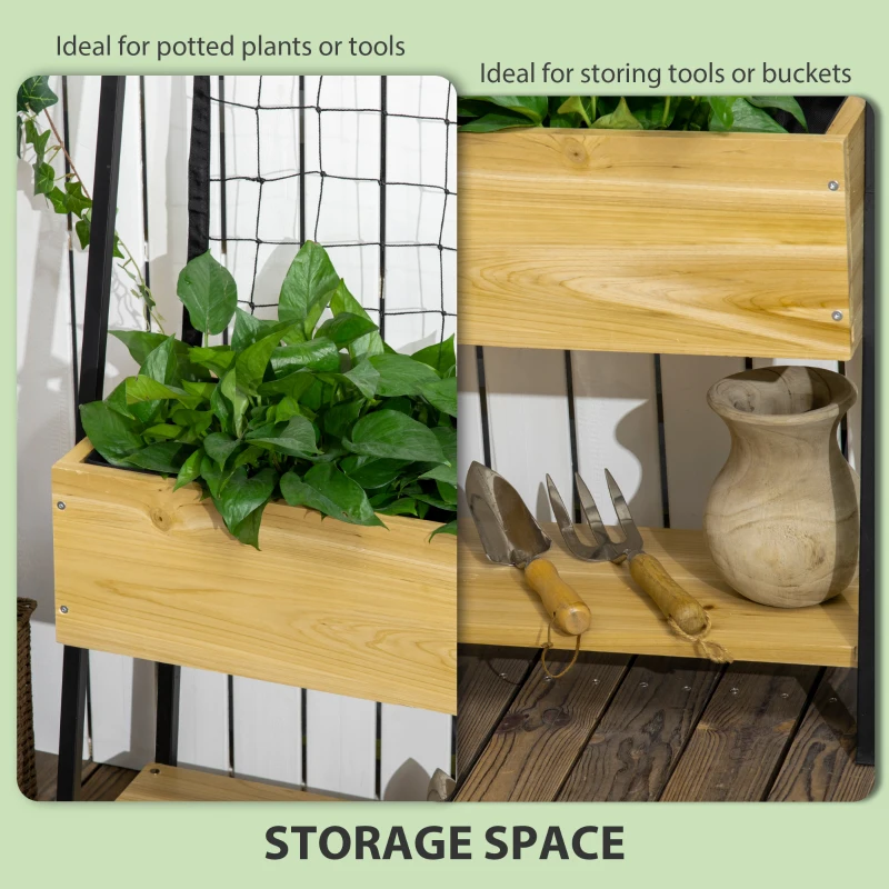 Outsunny Raised Garden Bed with Trellis & Storage Shelf, Elevated Planter Box with Metal Legs, Bed Liner and Drainage Holes, for Vegetable Vines, Climbing Plants, Flowers, Natural