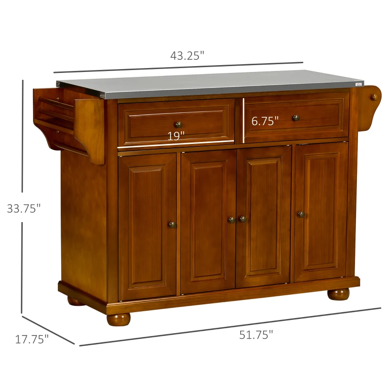 HOMCOM Kitchen Island Table with Stainless Steel Top 2 Drawers 3 Cabinets Spice and Towel Rack Red Brown