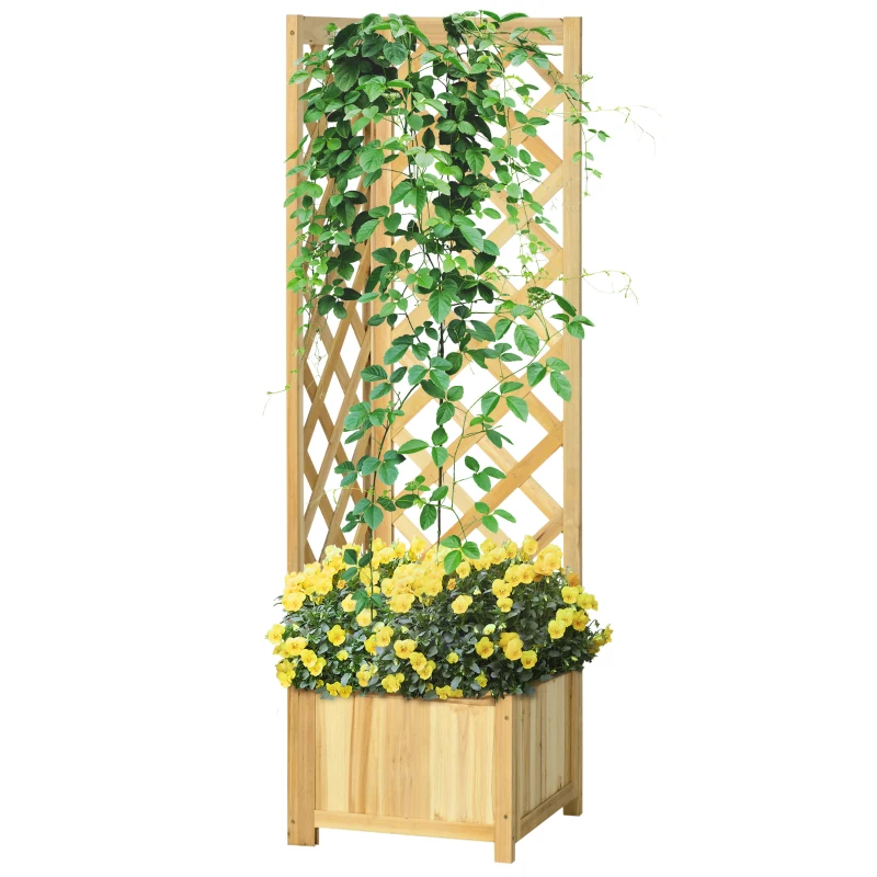 Outsunny Wooden Raised Garden Bed, Planter with Trellis for Vine Climbing and Vegetables, Herbs and Flowers Growing, Natural