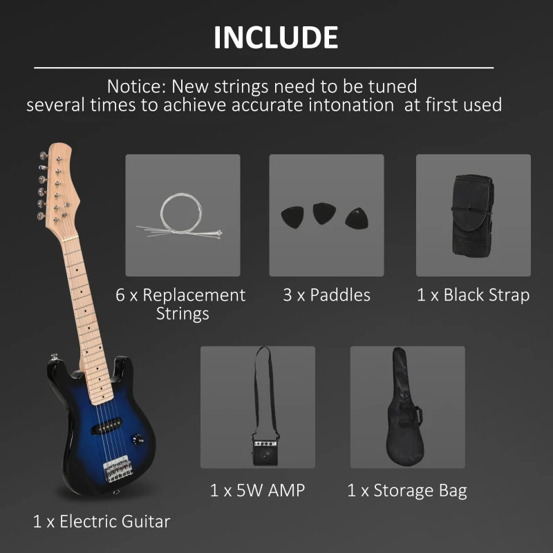 HOMCOM 30 Inch Kids Electric Guitar 3/4 Size Beginner Starter Kit w/ 5W Amplifier, Strap, Strings, Picks, Carrying Case Blue/Black