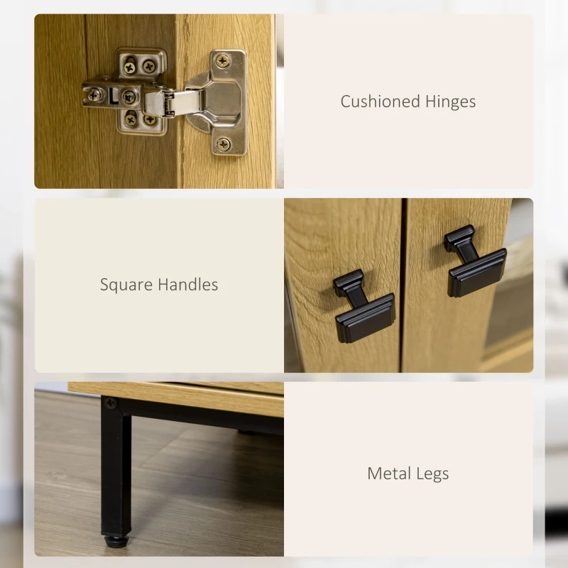 HOMCOM Storage Cabinet Kitchen Sideboard with Glass Doors Metal Legs for Living Room Dining Room Bedroom Oak