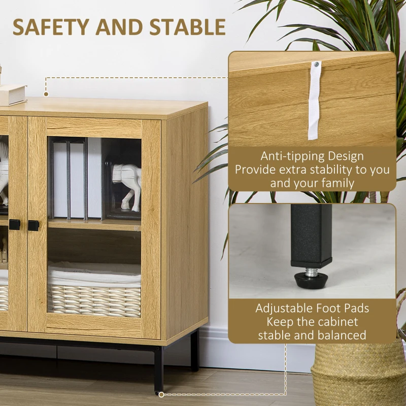 HOMCOM Storage Cabinet Kitchen Sideboard with Glass Doors Metal Legs for Living Room Dining Room Bedroom Oak