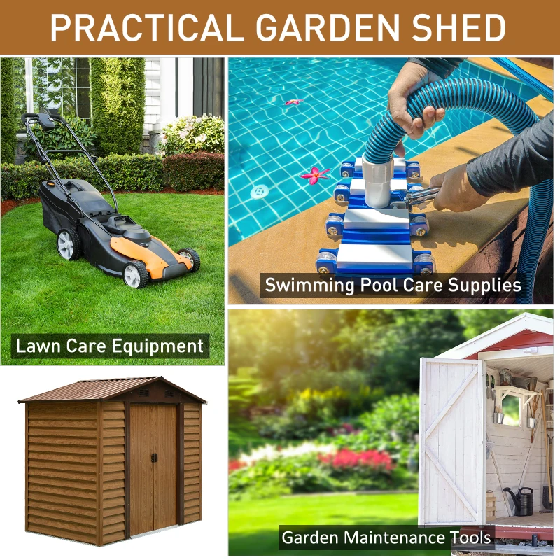 Outsunny 7.7'x6.4' Wooden Garden Shed, Outdoor Tool Storage with Sliding Door, Wood Grain Effect, Space-Saving