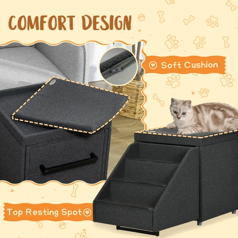 PawHut Multi-purpose Dog Stairs Ottoman, 4-Tier Pet Steps W/ Storage Compartment Cushion, for Small Medium Dogs and Cats