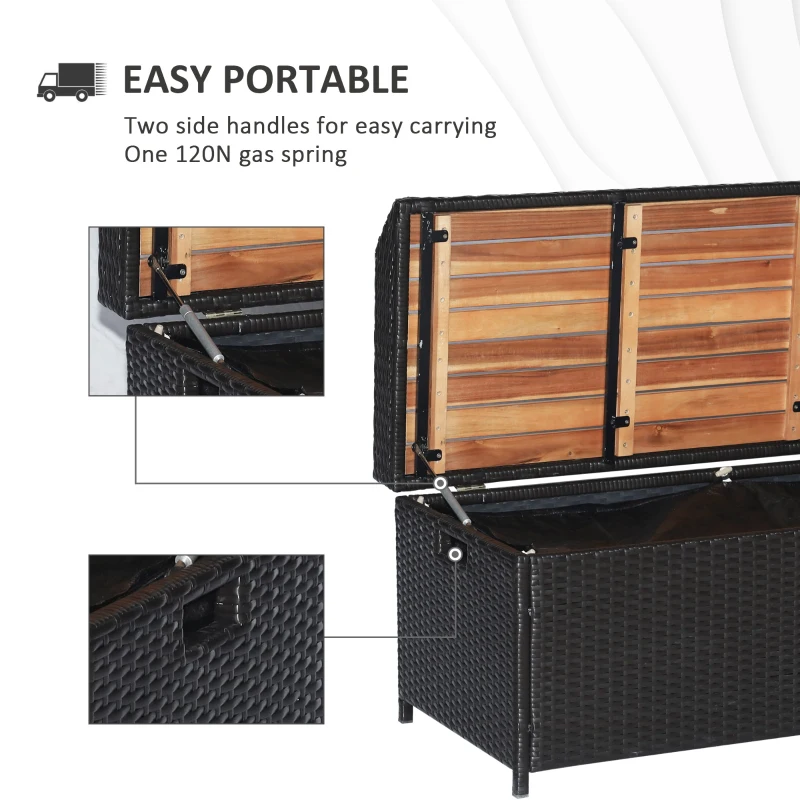 Outsunny Patio Wicker Storage Bench Box, Outdoor Garden PE Rattan Pool Storage Deck Bin Box w/ Natural Wood Top, Lid, Ideal for Storing Tools, Accessories and Toys, Coffee
