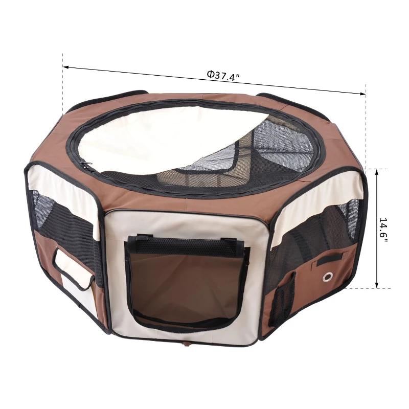 PawHut 37" Folding Portable Pet Playpen Soft Dog Cat Puppy Exercise Kennel Crate with Carrying Bag Brown