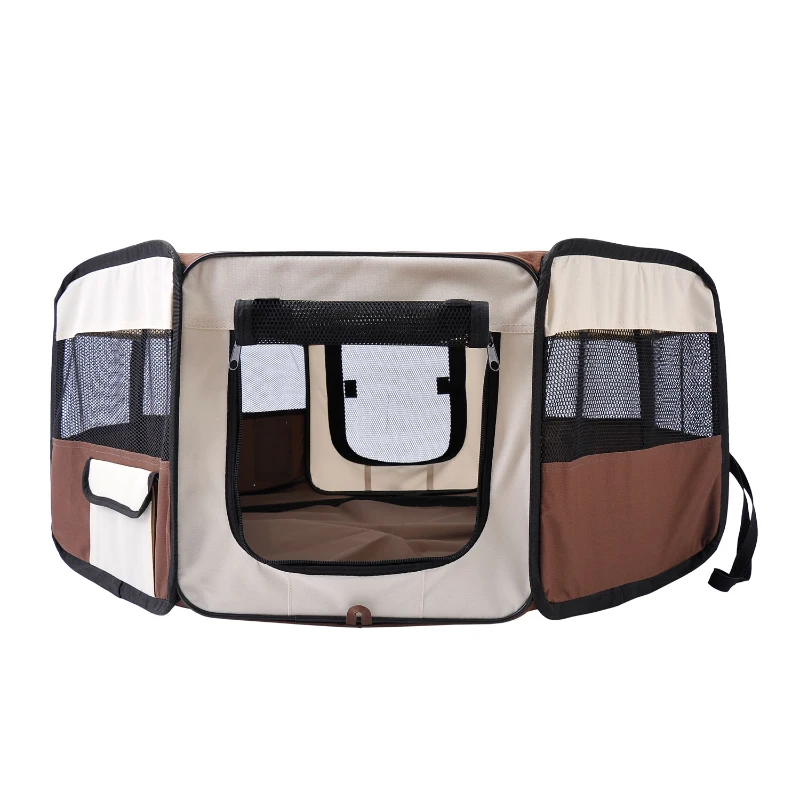 PawHut 37" Folding Portable Pet Playpen Soft Dog Cat Puppy Exercise Kennel Crate with Carrying Bag Brown