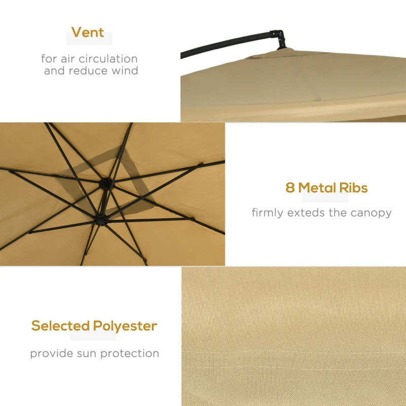 Outsunny Offset Patio Umbrella with Net and Umbrella Base, Adjustable Cantilever Canopy with Cross Base, Weight Plates and 8 Ribs for Backyard, Poolside, Garden, Beige
