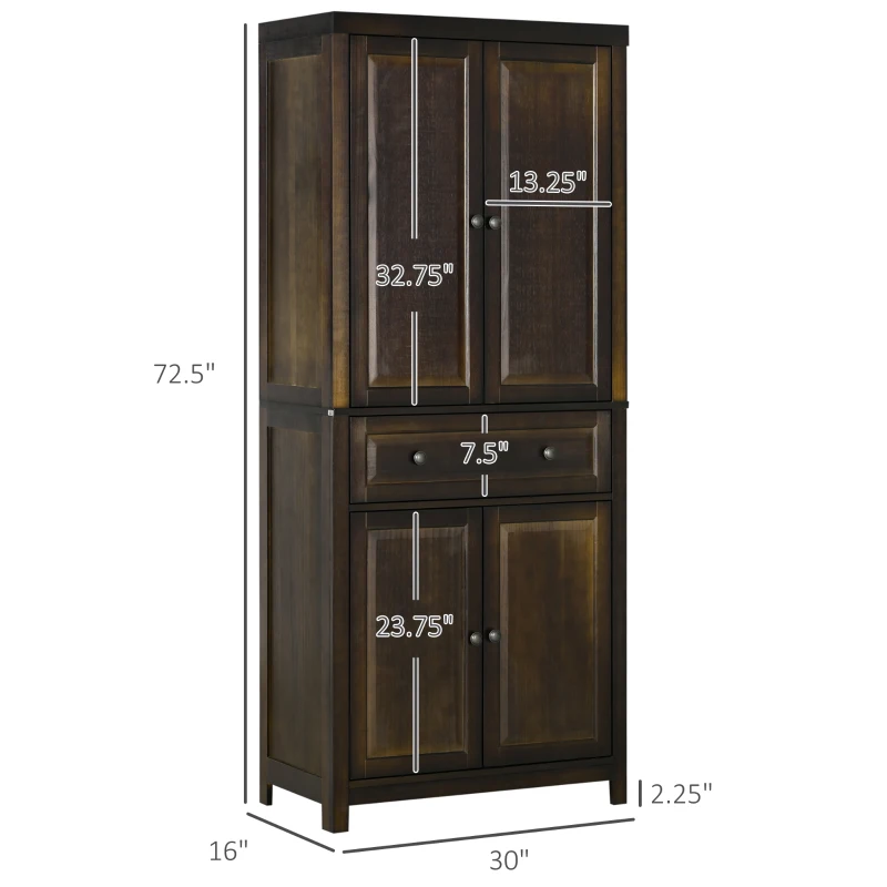 HOMCOM 72.5" Pinewood Large Kitchen Pantry Storage Cabinet, Freestanding Cabinets with Doors and Shelves, Dining Room