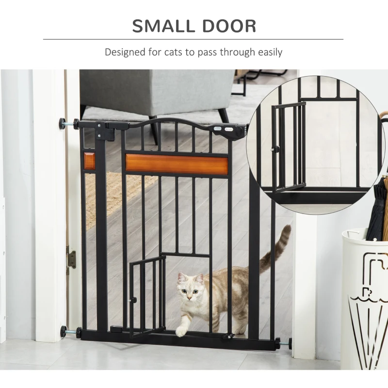 PawHut 29.1''-31.5'' Extra Wide Dog Gate with Cat Door with Stair Pressure Fit, Auto Close, Double Locking, for Doorways, Hallways, Stairs, Black