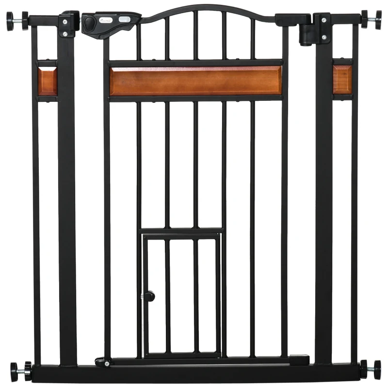 PawHut 29.1''-31.5'' Extra Wide Dog Gate with Cat Door with Stair Pressure Fit, Auto Close, Double Locking, for Doorways, Hallways, Stairs, Black