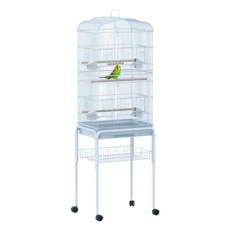 PawHut 60" Bird Cage Macaw Cockatoo House Parrot Play Top Finch Pet Supply with Wheels White