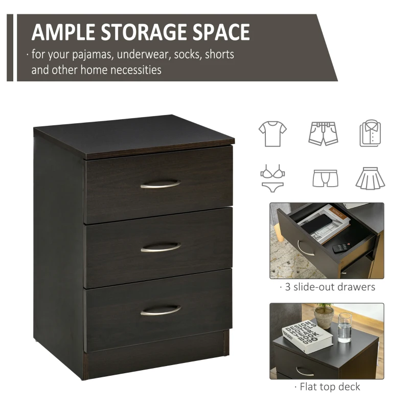 HOMCOM Bedside Table, Modern Night Stand with 3 Drawers and Metal Rail for Bedroom, Dark Brown