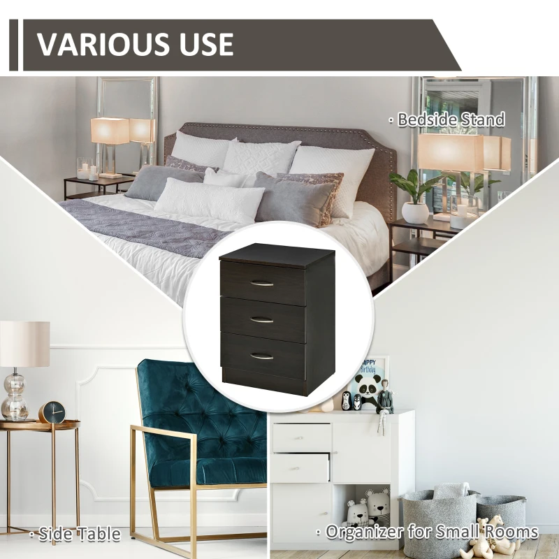 HOMCOM Bedside Table, Modern Night Stand with 3 Drawers and Metal Rail for Bedroom, Dark Brown