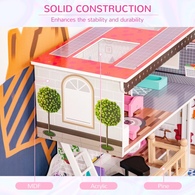 Qaba 13 PCS Kids 3-Story Dollhouse, Dreamhouse Villa, for Toddler, Little Girls, Multi-level House, with Elevator, Furniture Accessories Kit, for 3-6 Years Old, Pink