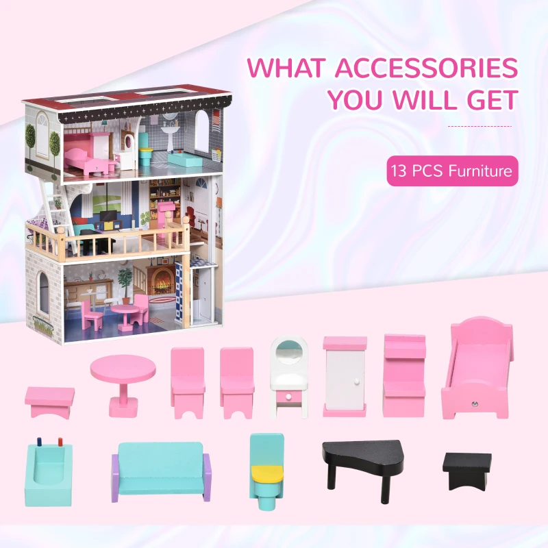 Qaba 13 PCS Kids 3-Story Dollhouse, Dreamhouse Villa, for Toddler, Little Girls, Multi-level House, with Elevator, Furniture Accessories Kit, for 3-6 Years Old, Pink