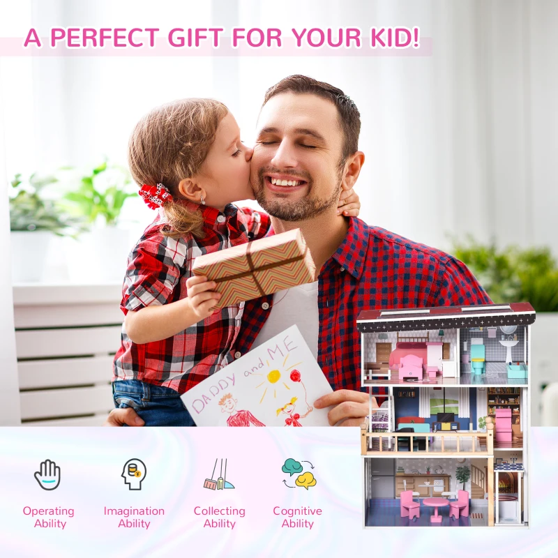 Qaba 13 PCS Kids 3-Story Dollhouse, Dreamhouse Villa, for Toddler, Little Girls, Multi-level House, with Elevator, Furniture Accessories Kit, for 3-6 Years Old, Pink