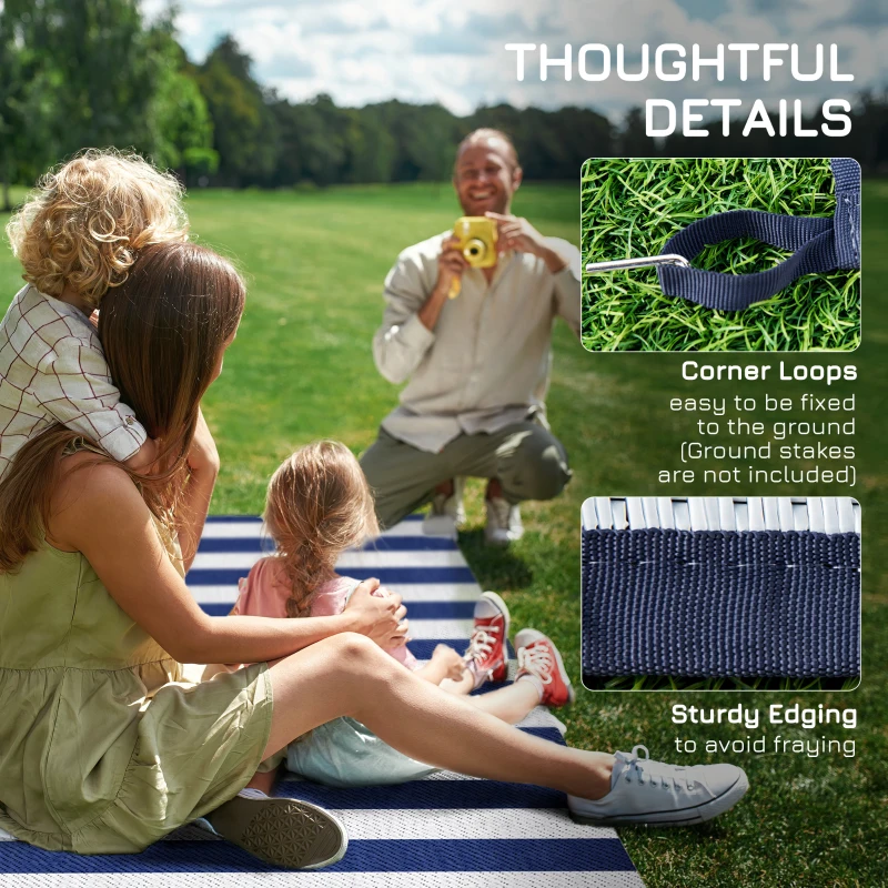 Outsunny Reversible Outdoor Rug, 9' x 18' Waterproof Plastic Straw Floor Mat, Portable RV Camping Carpet, Large Floor Mat for Backyard, Deck, Picnic, Beach, Blue & White Striped