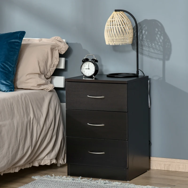 HOMCOM Bedside Table, Modern Night Stand with 3 Drawers and Metal Rail for Bedroom, Dark Brown