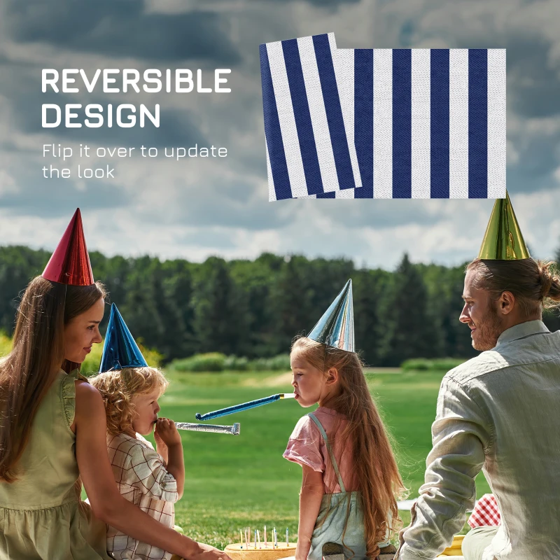 Outsunny Reversible Outdoor Rug, 9' x 18' Waterproof Plastic Straw Floor Mat, Portable RV Camping Carpet, Large Floor Mat for Backyard, Deck, Picnic, Beach, Blue & White Striped