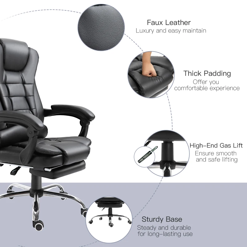 HOMCOM High Back Office Chair PU Leather Executive Office Chair with Retractable Footrest Padded Armrest Black