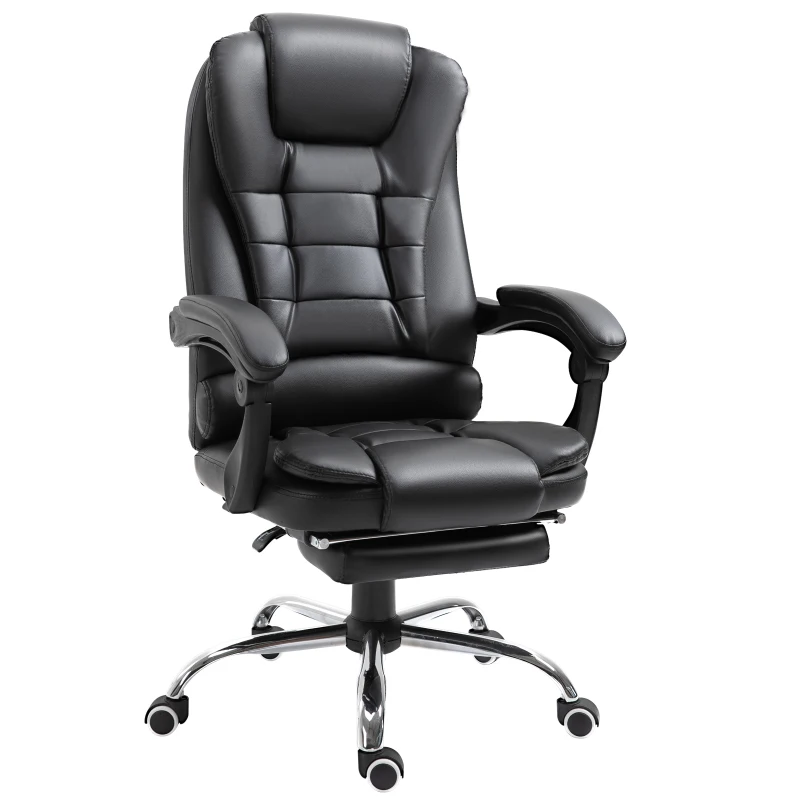 HOMCOM High Back Office Chair PU Leather Executive Office Chair with Retractable Footrest Padded Armrest Black
