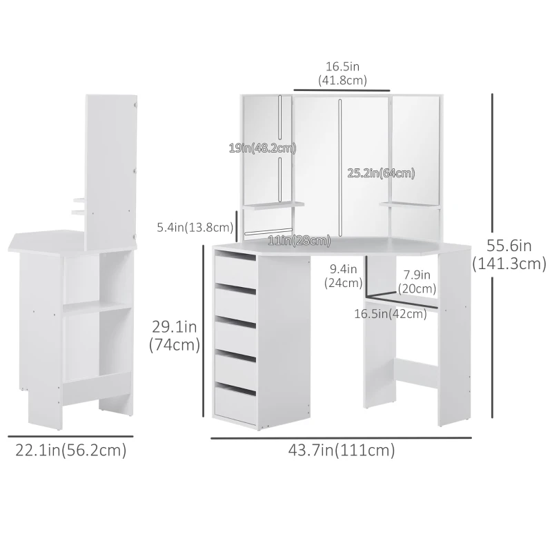 HOMCOM Corner Dressing Table, Makeup Desk with 3-piece Mirror and 5 Drawers, White