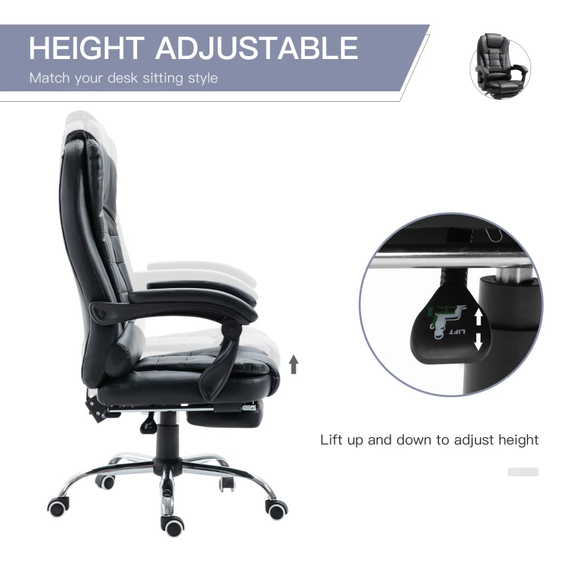 HOMCOM High Back Office Chair PU Leather Executive Office Chair with Retractable Footrest Padded Armrest Black