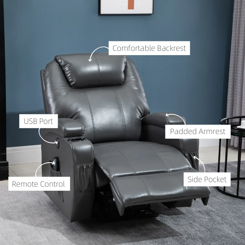 HOMCOM Multi-Pressure-Level Massage Chair with USB Charger, Back and Lumbar Support, Thick Armrests, Faux Leather Recliner Chair, 8-Point Massage Recliner, Charcoal Gray