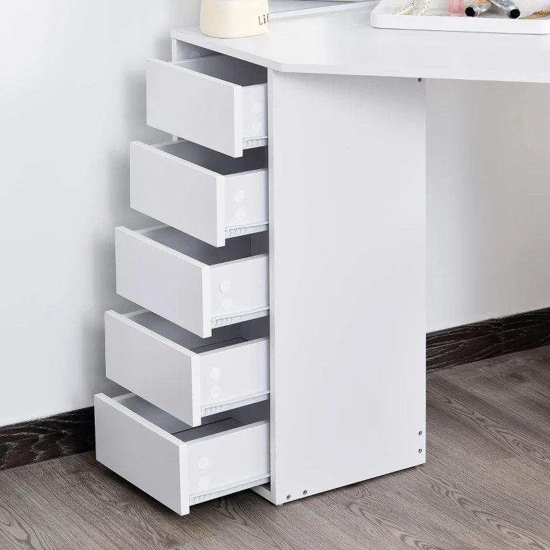 HOMCOM Corner Dressing Table, Makeup Desk with 3-piece Mirror and 5 Drawers, White