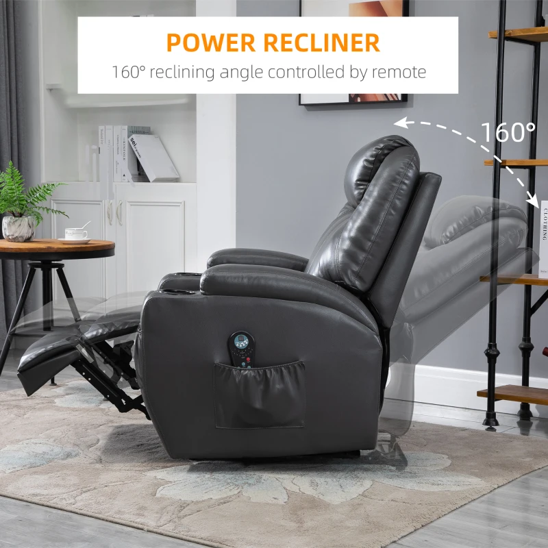 HOMCOM Multi-Pressure-Level Massage Chair with USB Charger, Back and Lumbar Support, Thick Armrests, Faux Leather Recliner Chair, 8-Point Massage Recliner, Charcoal Gray