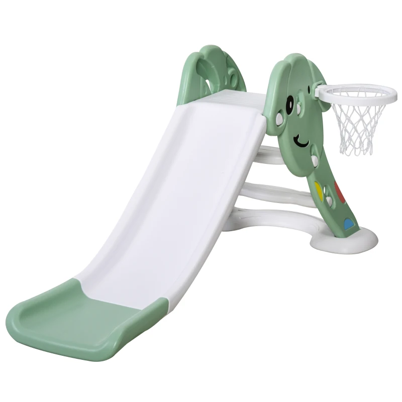 Qaba Kids Slide with Basketball Hoop Toddler Climber Freestanding Slider Playset Playground Slipping Slide Indoor Outdoor Exercise Toy Activity Center Green